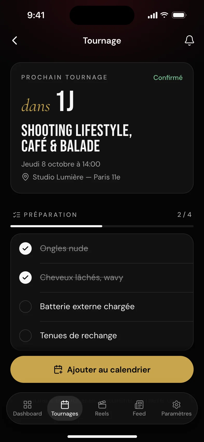 Écran Tournage de l’app ALLURE : prochain shooting, date, lieu et checklist de préparation